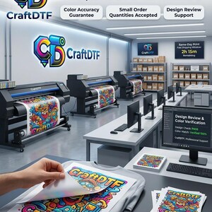 May include: An interior shot of a print shop featuring DTF printers. The image shows a person holding a printed transfer over a gray t-shirt. The text "CraftDTF" is visible on the printers, the t-shirt, and the printed transfer.