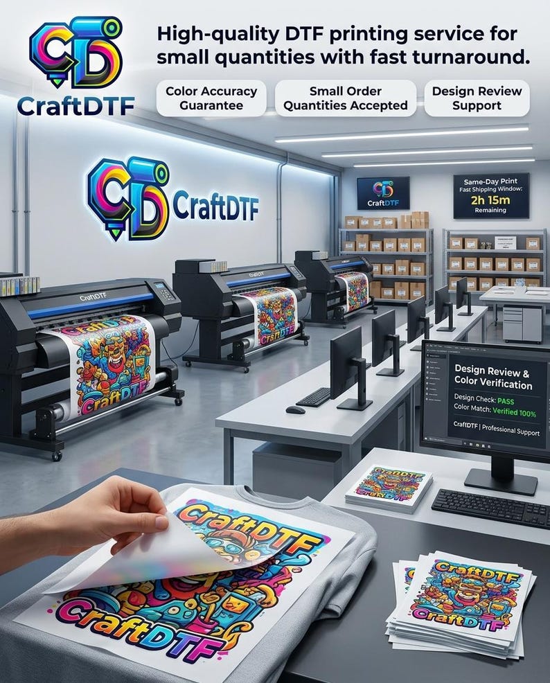 May include: An interior shot of a print shop featuring DTF printers. The image shows a person holding a printed transfer over a gray t-shirt. The text "CraftDTF" is visible on the printers, the t-shirt, and the printed transfer.