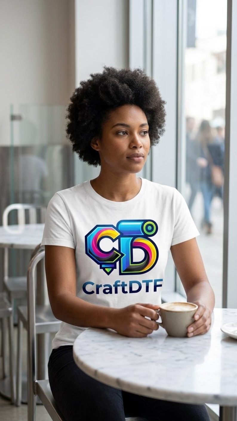 May include: A white t-shirt featuring a colorful logo with the text "CraftDTF". The logo is a stylized combination of letters and shapes in shades of blue, yellow, and pink. The person is sitting at a table with a cup of coffee.