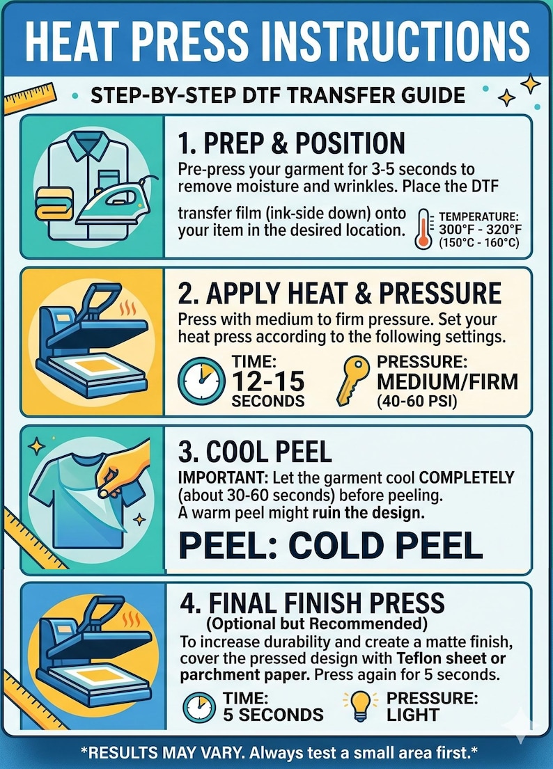 May include: A step-by-step guide for DTF transfer. Instructions include prepping and positioning, applying heat and pressure, cool peeling, and final finish press. The guide provides temperature, time, and pressure settings for each step.