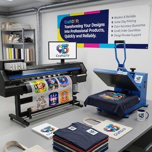 May include: A professional DTF printing setup featuring a large-format printer, heat press, and various finished products. The image includes t-shirts, tote bags, and a mug, all displaying colorful designs. The text "CraftDTF" is visible on the equipment and products.