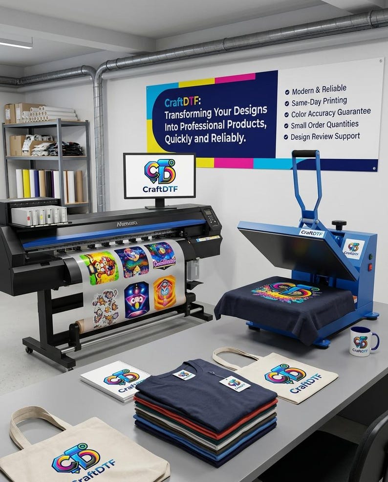 May include: A professional DTF printing setup featuring a large-format printer, heat press, and various finished products. The image includes t-shirts, tote bags, and a mug, all displaying colorful designs. The text "CraftDTF" is visible on the equipment and products.