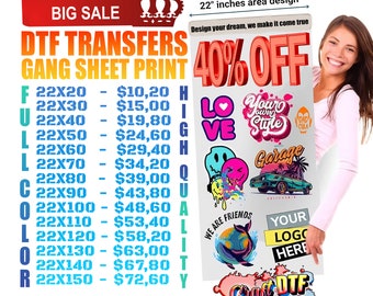 Custom DTF Gang Sheet Ready to Press, Full Color Heat Transfers for Shirts Hoodies, No Minimum, Fast Turnaround, Durable Vibrant Full Color