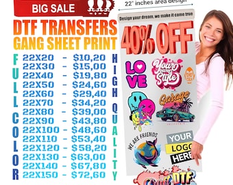 Custom DTF Gang Sheet Ready to Press, Full Color Heat Transfers for Shirts Hoodies, No Minimum, Fast Turnaround, Durable Vibrant Full Color