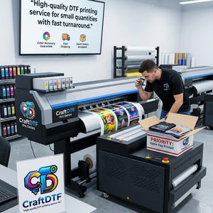 May include: A commercial print shop with a large DTF printer, printing colorful designs on a roll of material. A man inspects the print, with a box of printed shirts nearby. The sign reads "High-quality DTF printing service for small quantities with fast turnaround."