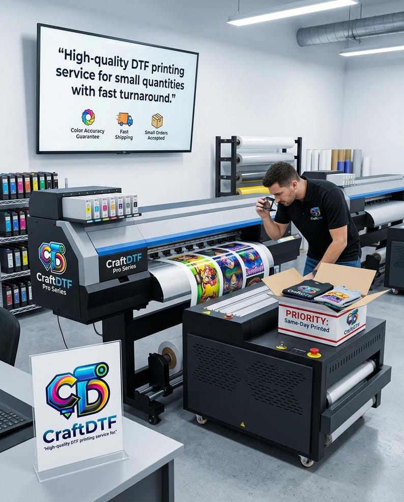 May include: A commercial print shop with a large DTF printer, printing colorful designs on a roll of material. A man inspects the print, with a box of printed shirts nearby. The sign reads "High-quality DTF printing service for small quantities with fast turnaround."