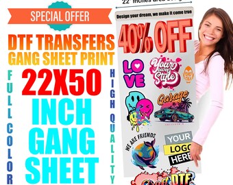 Custom DTF Gang Sheet Ready to Press, Full Color Heat Transfers for Shirts Hoodies, No Minimum, Fast Turnaround, Durable Vibrant Full Color