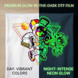 May include: Premium glow-in-the-dark DTF film featuring a graphic of an astronaut wearing a cap and gold chain, holding a boombox. The design includes the text SWAG and DISCO, a moon, and geometric triangles. Shown in day and night glow states.