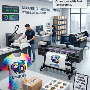 May include: An image showcasing a print shop with DTF printing equipment. A colorful t-shirt with the "CraftDTF" logo is displayed. The scene includes a heat press, printer, and a sign that says "Small Orders Welcome, No Minimums."