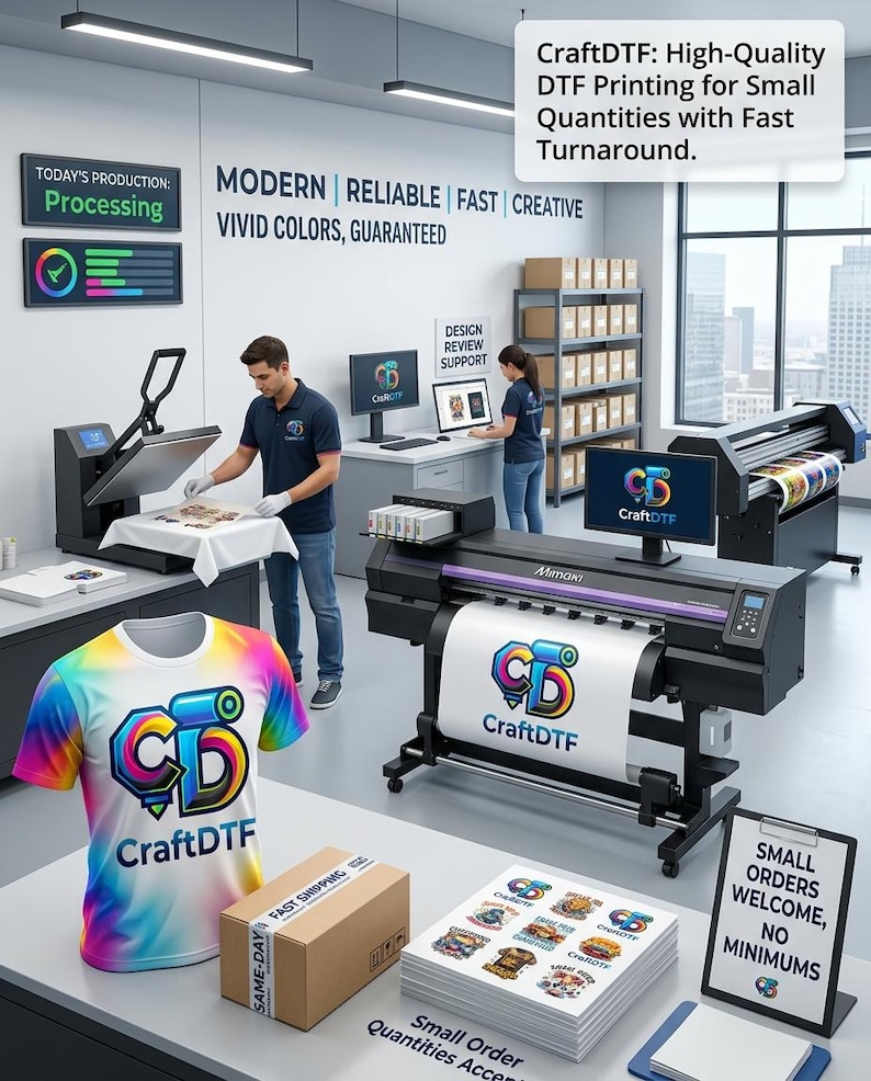 May include: An image showcasing a print shop with DTF printing equipment. A colorful t-shirt with the "CraftDTF" logo is displayed. The scene includes a heat press, printer, and a sign that says "Small Orders Welcome, No Minimums."