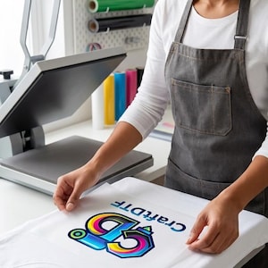 May include: A white t-shirt with a colorful graphic design is being pressed with a heat press. The graphic includes the text "CraftDTF" and a stylized number "93". The person is wearing a gray apron.