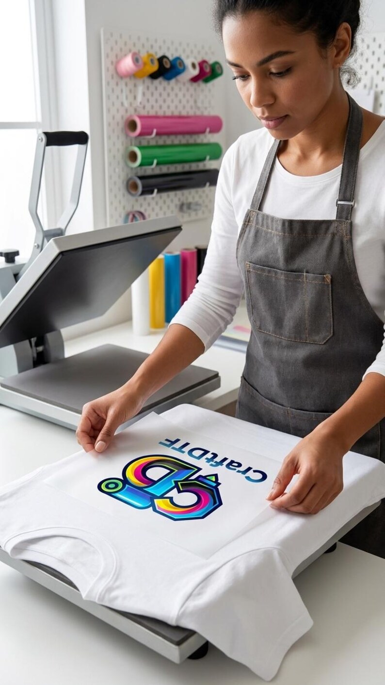 May include: A white t-shirt with a colorful graphic design is being pressed with a heat press. The graphic includes the text "CraftDTF" and a stylized number "93". The person is wearing a gray apron.