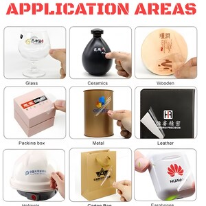 May include: An image showcasing various application areas for stickers. Examples include glass, ceramics, wooden surfaces, packing boxes, metal containers, leather goods, helmets, carton bags, and earphones. The text "APPLICATION AREAS" is displayed in red.