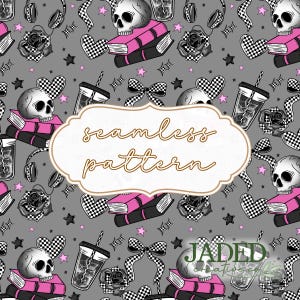 May include: Seamless pattern on a gray background featuring skulls, books, roses, hearts, bows, and stars. The books have pink covers. The text "seamless pattern" is in a decorative frame. The design includes headphones and iced drinks.