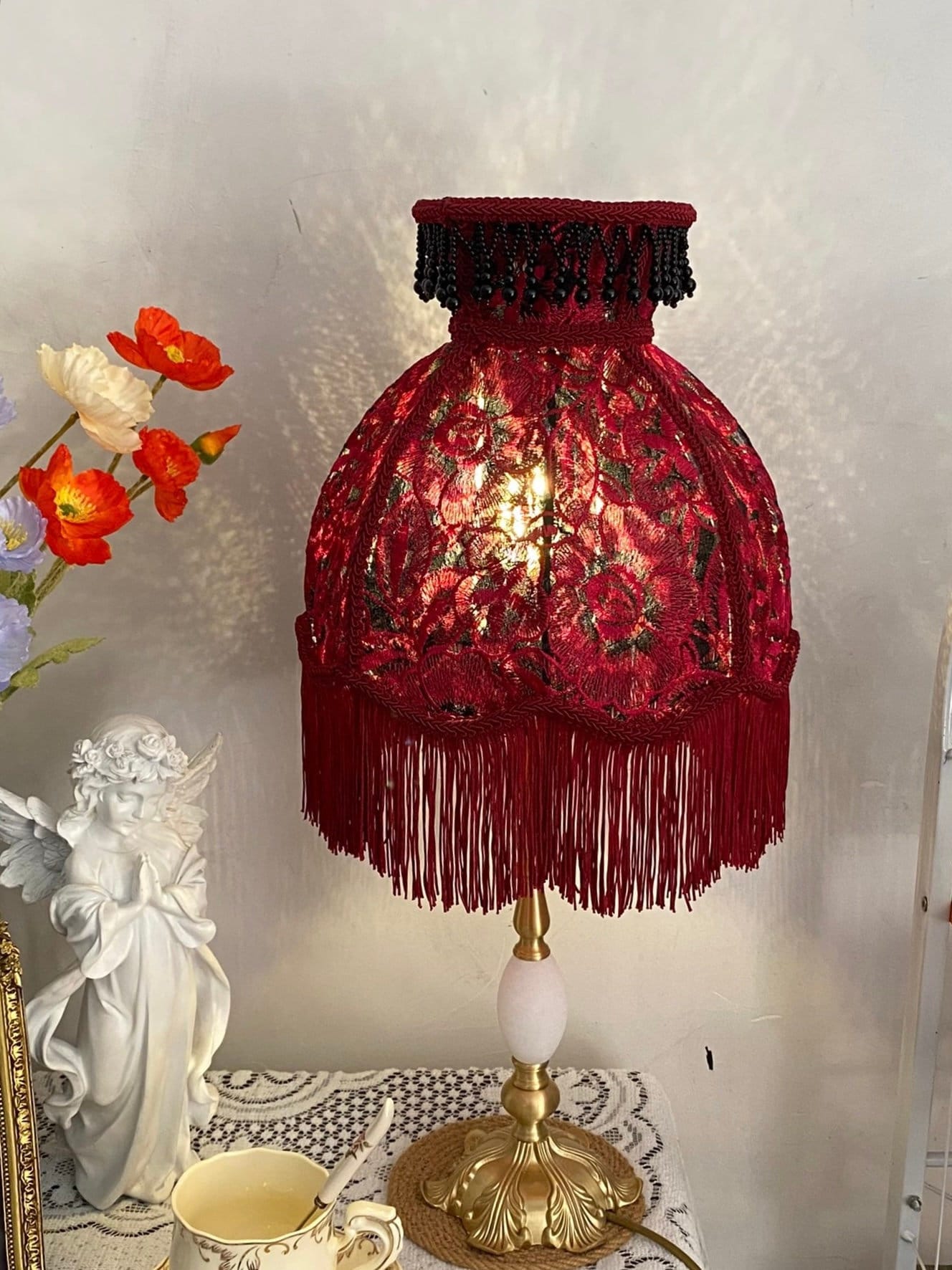 Handmade LampShade With Fringes-Victorian Lampshade-Luxury Ceiling Pendent-Lace LampShade-Vintage Style Lampshade-Living Room Lampshade