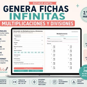 Puede incluir: Un recurso digital para generar fichas de matemáticas en la pantalla de un portátil. La interfaz muestra opciones para ejercicios de multiplicación y división, incluyendo campos para el curso, la dificultad y el número de ejercicios, junto a una vista previa.