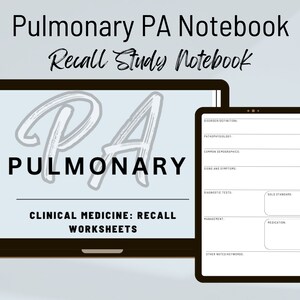 May include: A digital notebook template for studying pulmonary medicine. The template includes sections for disorder definition, pathophysiology, common demographics, signs and symptoms, diagnostic tests, gold standard, management, medication, and other notes/keywords. The template is displayed on a laptop screen.
