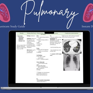 May include: A laptop screen displaying a study guide for Physician Assistants on Pulmonary Disorders. The guide includes information on the etiology, risk factors, clinical findings, treatment, and patient education for Interstitial Pneumonitis/Idiopathic Pulmonary Fibrosis/UIP. The screen also shows a chest x-ray and a CT scan of the lungs.
