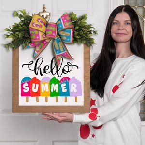 Hello Summer Door Sign with Colorful Bow | Popsicle Welcome Sign | Bright Front Door Decor | Summer Wreath Alternative | Outdoor Porch Art