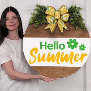 Hello Summer Sign | Summer Front Door Decor | Lemon Bow Wreath | Bright Porch Welcome Sign | Farmhouse Summer Sign | Seasonal Door Hanger