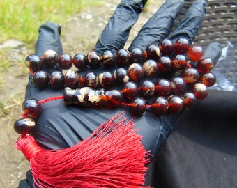 43 gr Tasbih Mesbah rosary 12 mm Mushroom Inclusion Indonesia Dark Red Amber AR6