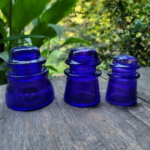 3 Glass Insulators Colorized Cobalt Blue Large Medium & Small Stained Decorative Glass