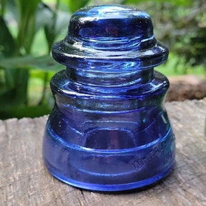 Antique Glass Insulator | Collectible Glass Keepsake | Embossed Telegraph Insulator | Colorized Blue | Decorative Railroad Glass | Gift