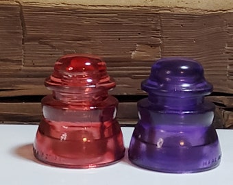 2 Authentic Vintage Glass Insulators  Stained Red & Purple. Set Of 2 Antique Stained Glass Insulators. Railroad Glass.