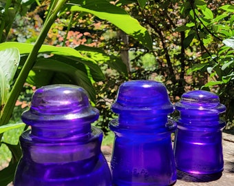 3 Glass Insulators Violet Purple Large Medium & Small Stained Decorative Glass