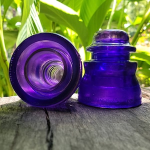 2 Authentic Vintage Glass Insulators Colorized Purple Violet.  Matching Set Of 2 Antique Stained Glass Insulators.