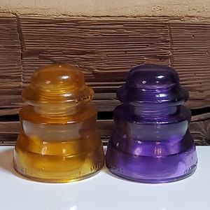 2 Authentic Vintage Glass Insulators Colorized Orange & Purple. Set Of 2 Antique Stained Glass Insulators. Railroad Glass.