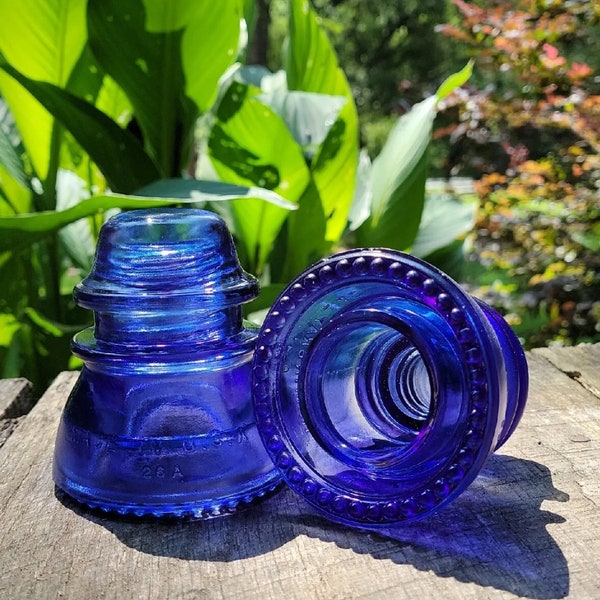 2 Vintage Hemingray 42 Glass Insulators | Colorized | Cobalt Blue Collectible Glass | Authentic Hemingray | Embossed Telegraph Insulator |