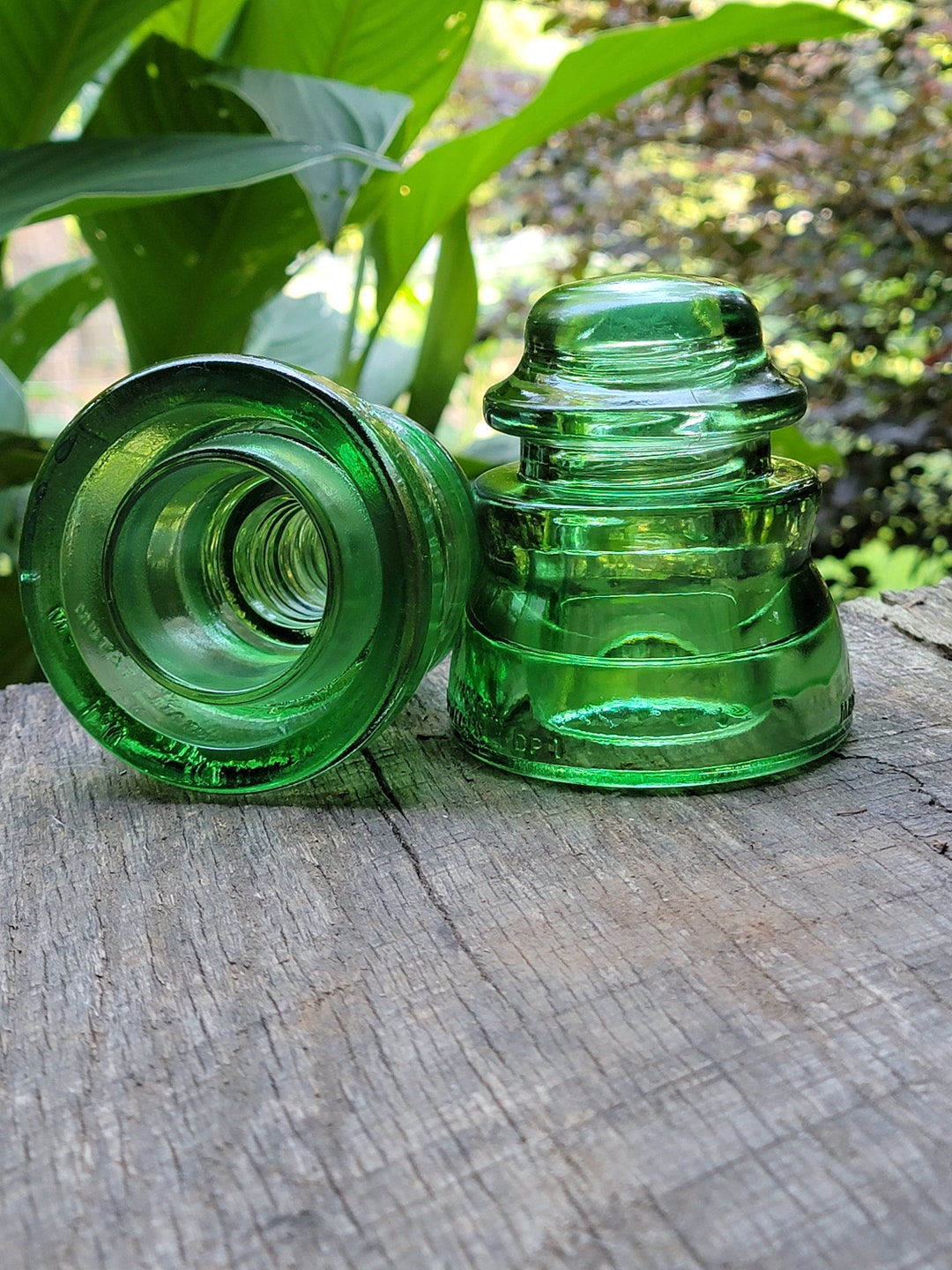 Reproduction Glass Two Green Colorized Stained Glass Decorative Antique Insulators ...