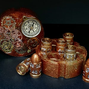 DnD bullet dice 7 piece set Steampunk Gunslinger #011 with custom revolver storage box