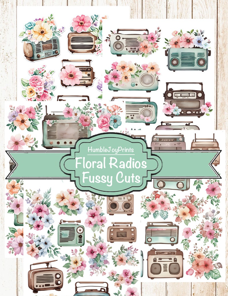 Radios &amp; Flowers Fussy Cut Printable, Penpal, Junk Journal, Scrapbook ...
