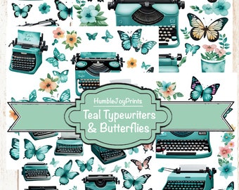 Teal Typewriters & Butterflies Printable, Penpal, Junk Journal, Scrapbook Printable, Digital Download, Commercial Use Printable, Card Making