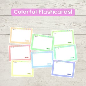 Puede incluir: Una colección de tarjetas de estudio rectangulares en varios colores pastel, incluyendo amarillo, rosa, verde y azul. Cada tarjeta presenta una fila de puntos de colores en la parte superior, la palabra "Pregunta" a la izquierda y "Respuesta" abajo a la derecha.