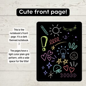 Puede incluir: Una portada de cuaderno digital con tema oscuro y garabatos coloridos estilo neón que incluyen un lápiz, sol, bombilla, corazones, estrellas, una medusa y una cara sonriente. El texto dice: Cute front page! This is the notebook's front page. It's a dark themed notebook. :) The pages have a light color plain grid pattern, with a wide space for the title!