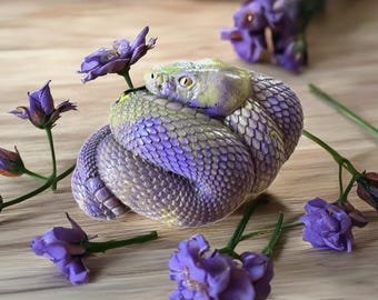 Purple/yellow rattlesnake figurine, coiled snake, snake cake topper, poisonous, venomous, snake sculpture, colorful snake, alebrije