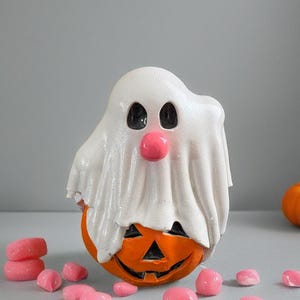 Bubble Gum Ghost and pumpkin Figurine: handmade & painted from solid plaster desk buddy