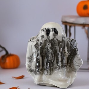 Vintage Newspaper Ghost Figurine: handmade from solid plaster and vintage style newspaper desk buddy