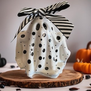 Polka Dot and bow Ghost Figurine: handmade & painted from solid plaster