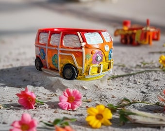 Rainbow vw bus planter, Peace bus, vw bus candle holder, vw, vintage bus, distressed vw bus, hippie bus, distressed vw bus planter, vw bug