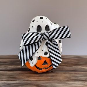 Polka Dot Ghost and pumpkin Figurine: Handmade Plaster Desk Buddy