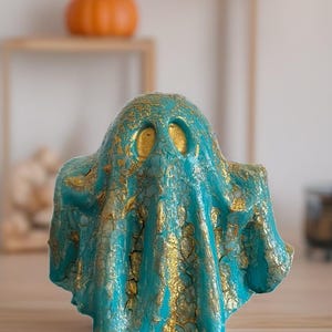 Turquoise and gold Crackle Ghost Figurine: handmade & painted from plaster
