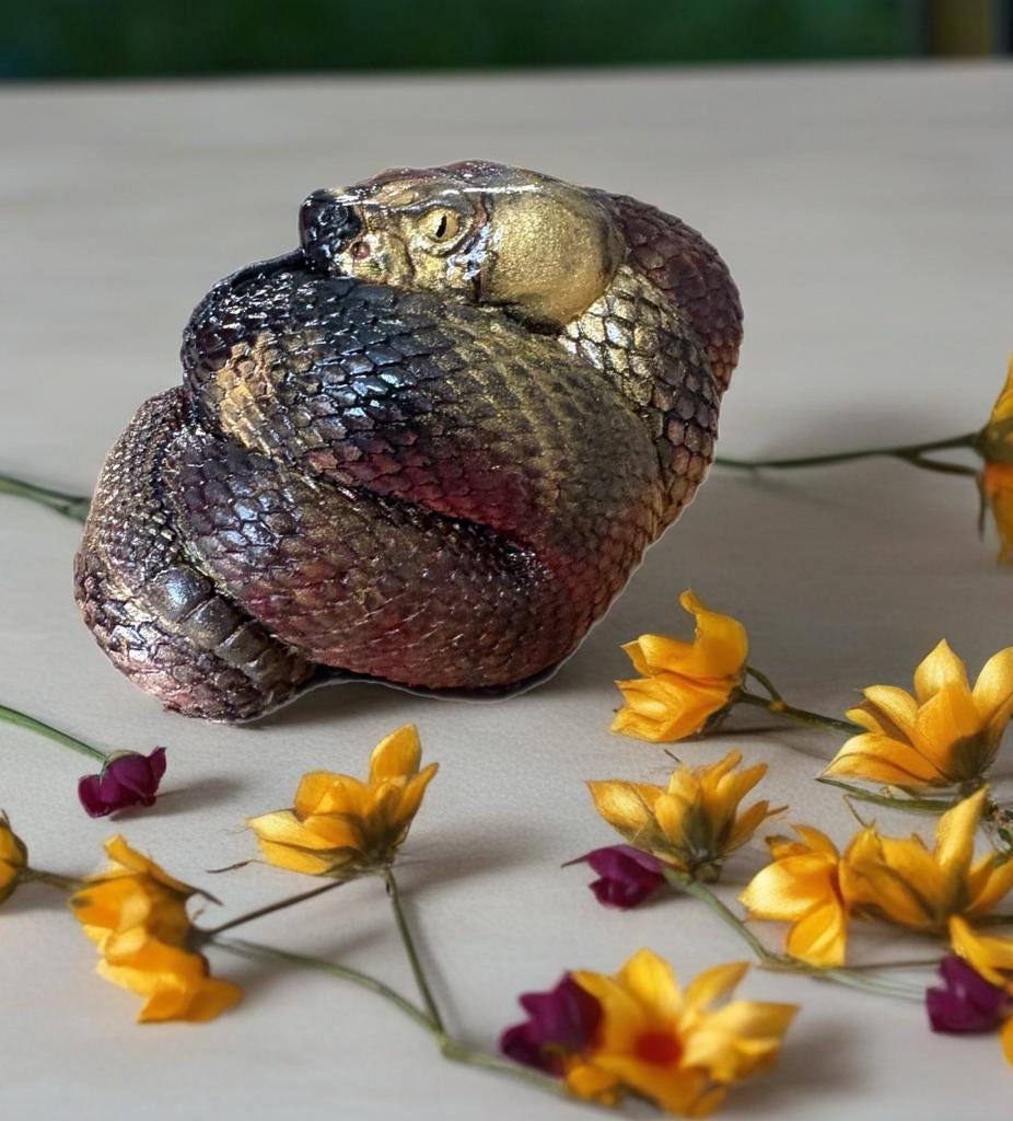 Gold/red/black rattlesnake figurine, coiled snake, snake statue, poisonous, venomous, rattlesnake art, snake cake topper, alebrije