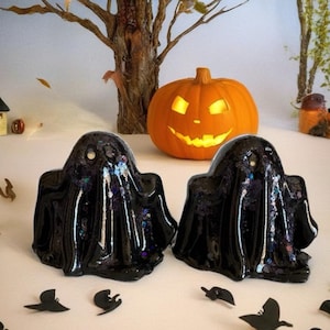 Black glitter ghost figurines, set of 2 ghost figurines, ceramic ghost, ghost decoration, ghost cake topper, adopt a ghost, pet ghost