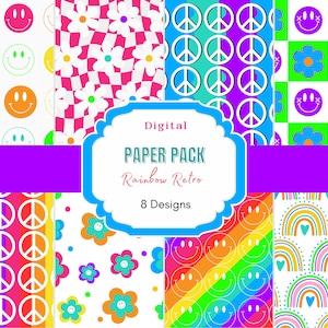 Rainbow Retro Digital Paper Pack | Groovy Digital Paper | Retro Digital Paper | Hippy Pattern | Flower Retro Background | Retro Smiley