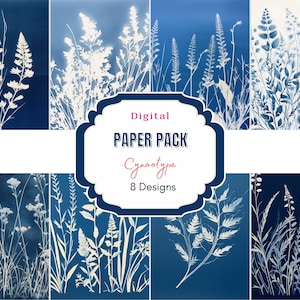 Papier numérique pour impression cyanotypée | pour les invitations | Pour le scrapbooking | Fleurs numériques | Imprimé botanique bleu | Fleurs bleues et blanches