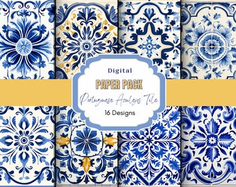 Portuguese Azulejo Tile Digital Paper Pack | Commercial Use | Blue and white tile | Mosaic Tile | Digital Scrapbook | Colorful Background